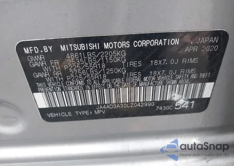 2020 Mitsubishi Outlander Le 2.4/Se 2.4/Sel 2.4/Sp 2.4 z USA, uszkodzony, nr VIN JA4AD3A30LZ042990